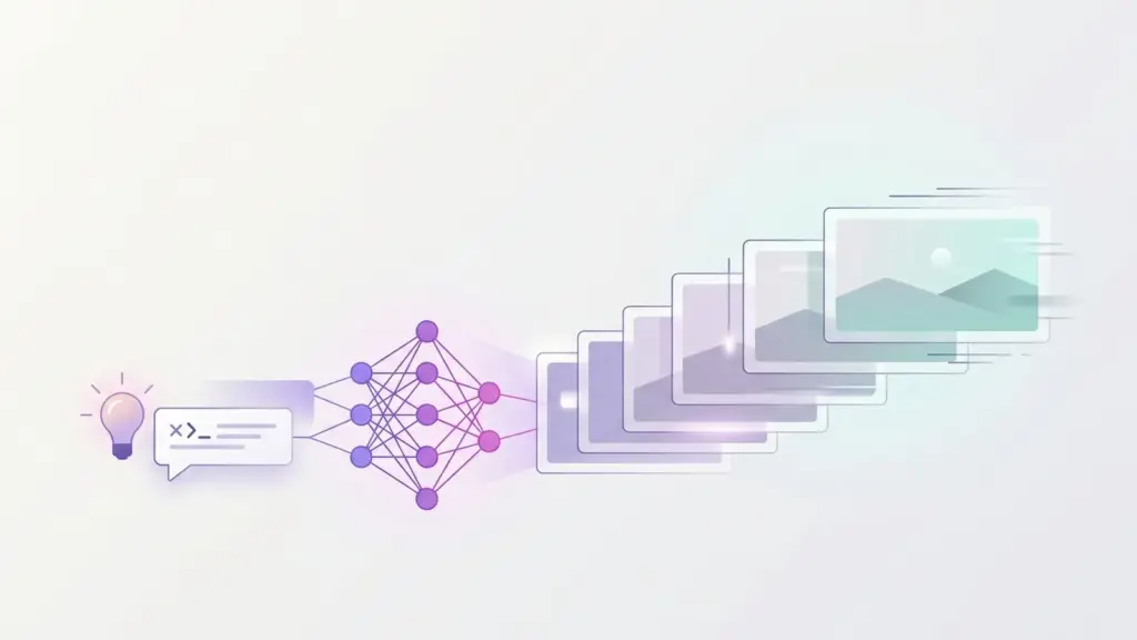 Illustration showing AI video generation from idea to moving visual content