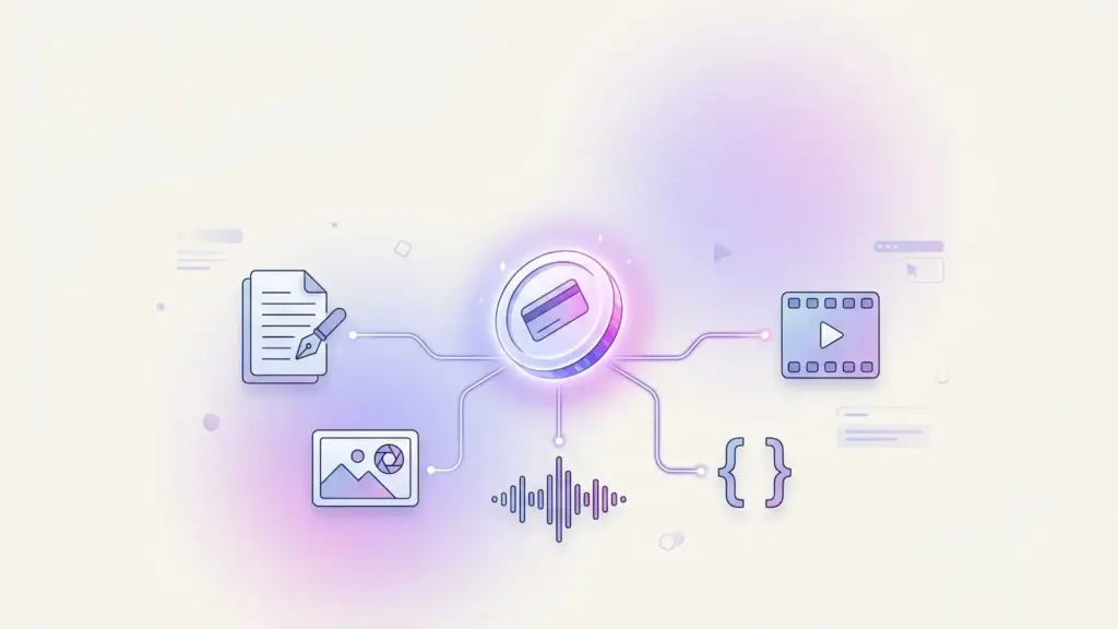 Illustration of multiple AI creative tools connected through a simple credit-based system