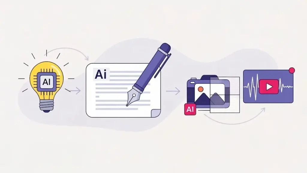 Illustration showing AI creating social media content from idea to final post