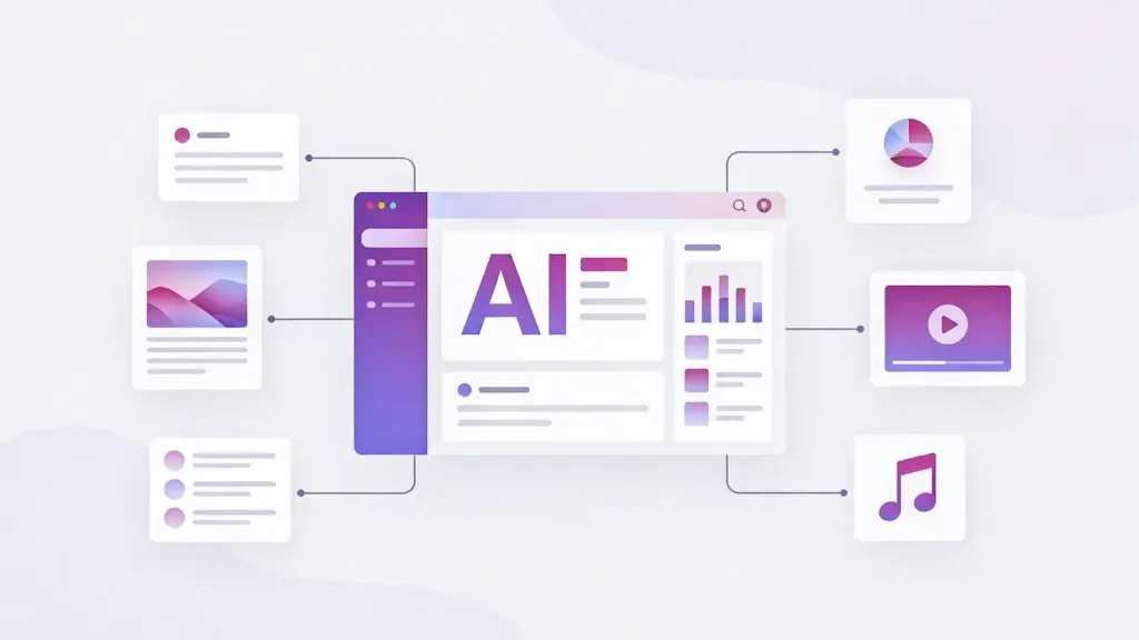 Illustration of a unified AI workbench combining text, image, video and audio tools