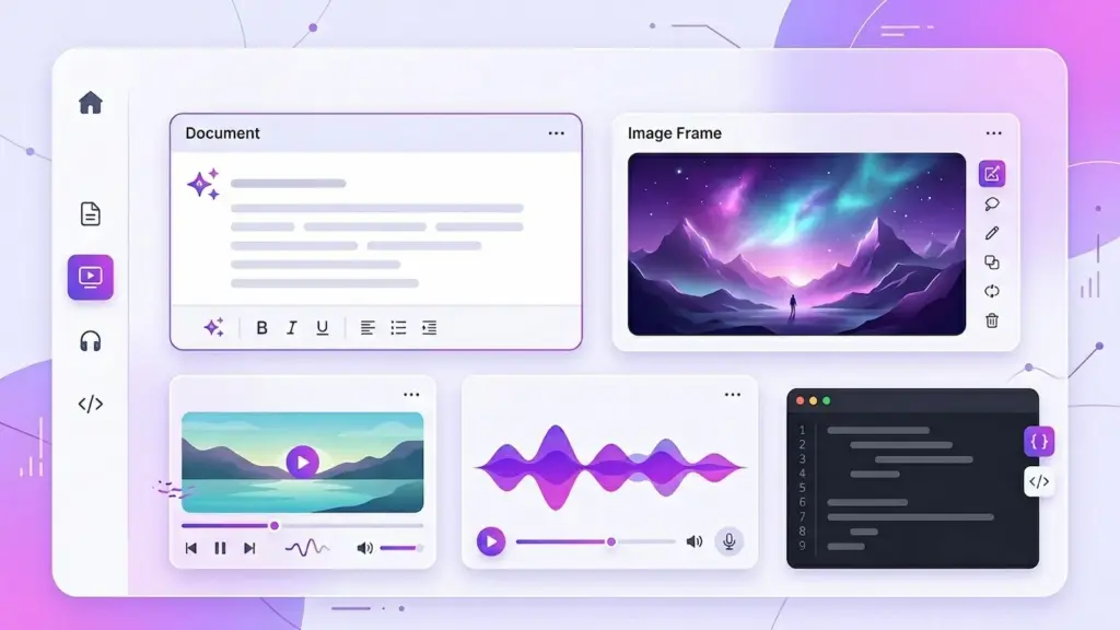 Illustration of AI tools creating text, images, video and audio in a unified workspace